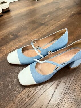 Light Blue and White Mary Jane Block Heels